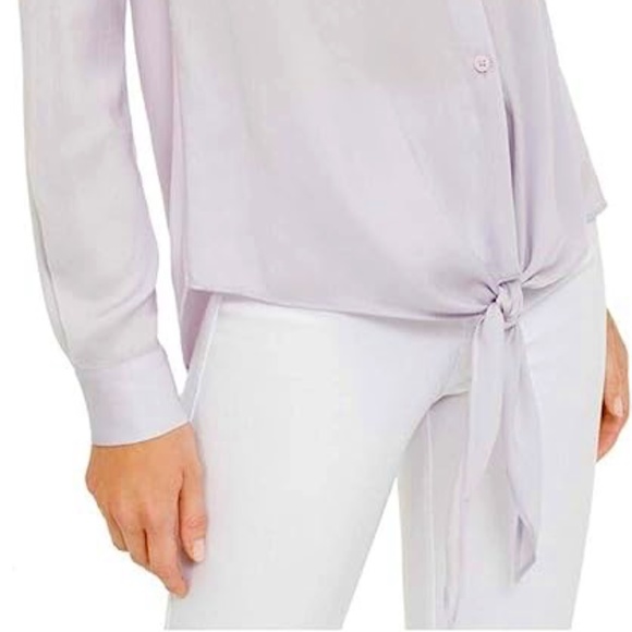 MICHAEL KORS Tie Front Satin Shirt in Lavender Mist, Size Large - Picture 6 of 11